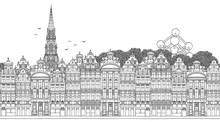 Brussels, Belgium - Seamless Banner Of The City’s Skyline, Hand Drawn Black And White Illustration
