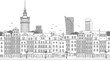 Warsaw, Poland - Seamless banner of the city’s skyline, hand drawn black and white illustration