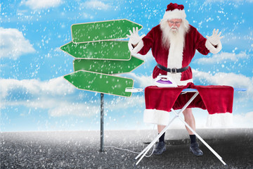 Poster - Santa is impressed about something on his pants against illustration of empty signposts