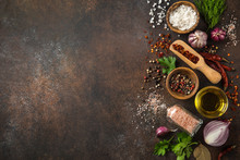 Various Herbs And Spices On Dark Background.  Cooking Concept. Top View. Copy Space