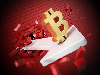 Wall Mural - Bitcoin symbol on the arrow destroying the wall. 3D illustration