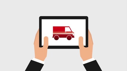 Poster - hands holding tablet truck and airplane free delivery application online animation