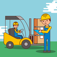 Wall Mural - cartoon men worker delivery logistic forklift and packages vector illustration