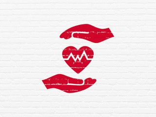 Sticker - Insurance concept: Painted red Heart And Palm icon on White Brick wall background