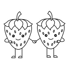 Poster - couple strawberries fruit healthy food kawaii character vector illustration design