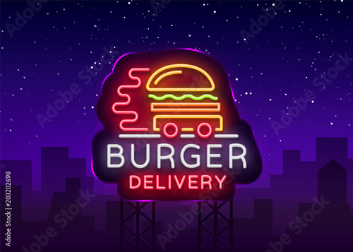 Burger Delivery Logo In Neon Style Neon Sign Light Banner