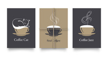 Vector Set Of Modern Posters In Coffee Style. Vintage Or Retro Templates For Flyers, Invitations, Restaurant Or Cafe Menu Design. Cappuccino Cups With Milk Foam In Form Of Cat And Soaring Treble Clef.