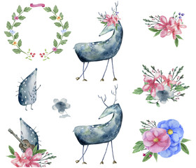 Wall Mural - Deer hedgehog watercolor bounquet design flowers bounquet data green flowers frame drawing illustration geometric clip art for birthday party print celebration clothing on white background