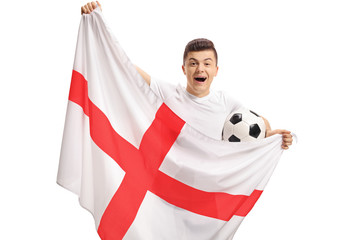 Poster - Overjoyed teenage soccer fan holding a football and an English flag