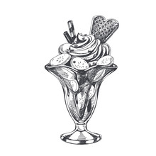 Beautiful Vector Hand Drawn Ice Cream In A Glass Illustration.