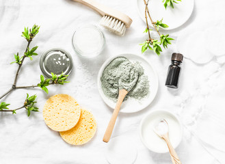 Wall Mural - dead sea mud mask - beauty products ingredients on light background, top view. beauty concept. flat 