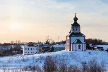 Sticker - view of Elijah Church in Suzdal at winter sunset