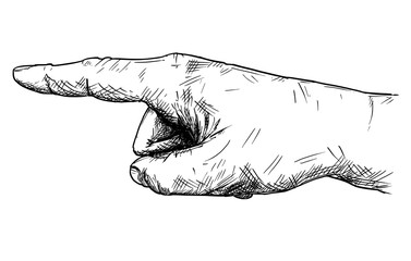 Sticker - Vector artistic pen and ink drawing illustration of hand with finger pointing left direction.