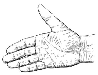 Sticker - Vector artistic pen and ink drawing illustration of hand open for handshake gesture. Business concept of welcome and agreement.