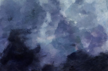 Detailed close-up grunge clouds abstract background. Dry brush strokes hand drawn oil painting on canvas texture. Creative simple pattern for graphic work, web design or wallpaper. 