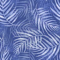 seamless watercolor blue background from white tropical leaves, palm leaf, fern, floral pattern. bri