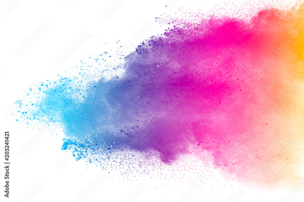 Multi color powder explosion isolated on white background. Color dust splash cloud on white background. Launched colorful particles on background. - obrazy, fototapety, plakaty 