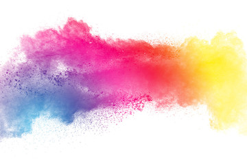 Wall Mural - Multi color powder explosion isolated on white background. Color dust splash cloud on white background. Launched colorful particles on background.