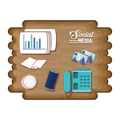 Poster - social media set icons with wooden background vector illustration design