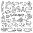 Hand drawn bakery illustrations. Bread, cakes, cupcakes, sweet desserts sketched drawings for cafe and menu decorations