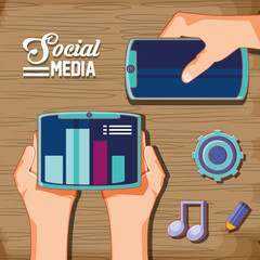 Poster - hands with social media set icons in wooden background vector illustration design