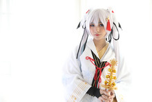 Japan Anime Cosplay , White Japanese Miko In White Tone Room