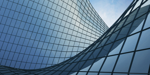 View of the clouds reflected in the curve glass office building. 3d rendering