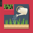 © grivina - Simple things - a watering can watering a row of salad sprouds in a cut soil layers, and a red wooden vegetable seedbed on the background, summer postcard, vector illustration