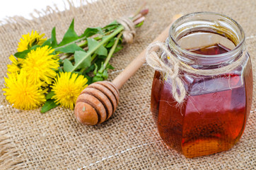 Canvas Print - Medicinal plants, dandelion, flowers, honey in glass jar