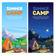 Summer camping in mountains valley, vector banner, poster design template. Adventures, travel and eco tourism concept.
