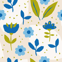 Fototapete - seamless pattern with flowers and leaves in scandinavian style