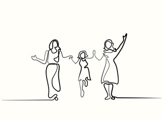 Wall Mural - Continuous line drawing. Family with mother, grandmother and girl walking. Vector illustration. Concept for logo, card, banner, poster, flyer