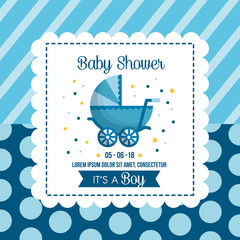 Canvas Print - baby shower celebration background bubbles stripes blue babe carriage happy day vector illustration