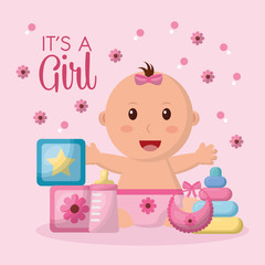 Wall Mural - baby shower celebration pink flowers background girl open arms smiling cubes toys bib vector illustration