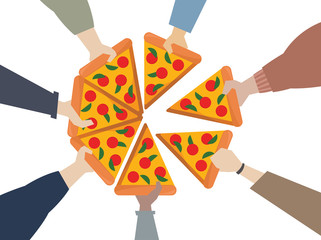 Wall Mural - Illustration of people sharing Pizza slices