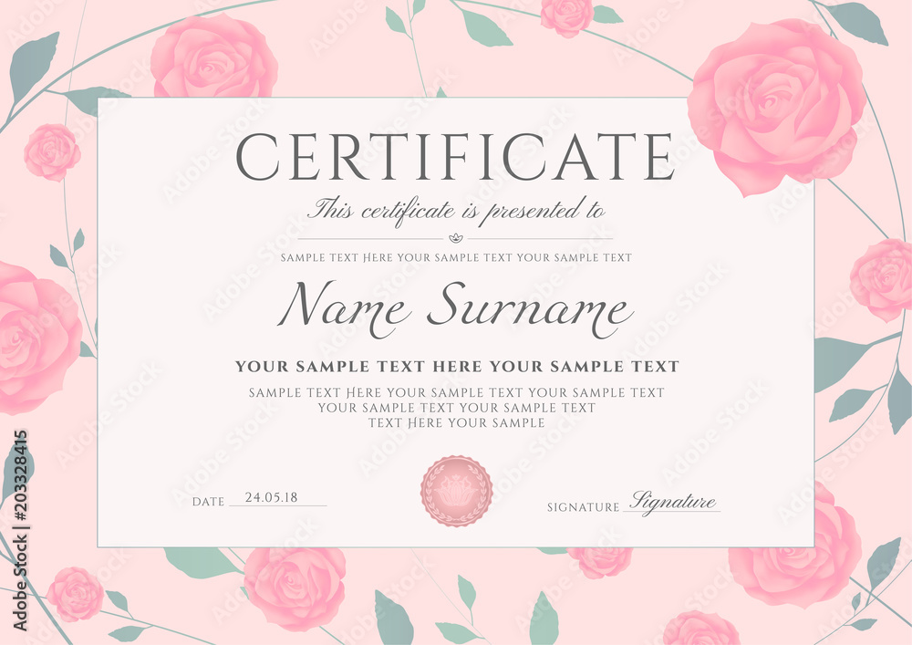 Certificate of completion template with flowers pink Roses and Green ...