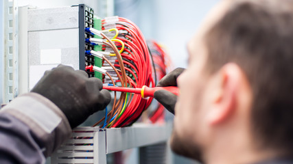 Wall Mural - closeup of electrician engineer works with electric cable wires