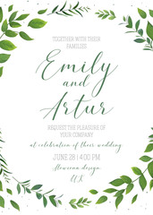 Wall Mural - Wedding floral invitation, invite, save the date card vector template. Modern, rustic, natural design. Watercolor botanical green leaves, forest tree branches, greenery herbs elegant decorative wreath