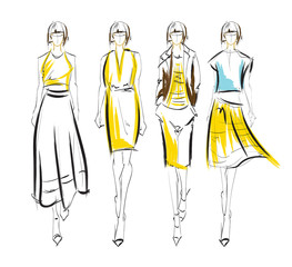 Sticker - Fashion illustration. Stylish fashion models. Fashion girls set. Sketch. A girls in a dress.