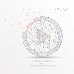 Play icon shape digitally drawn low poly wire frame.