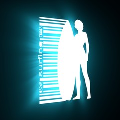 Wall Mural - woman posing with surfboard. surfing emblem for web design or print. bar code connected with silhoue