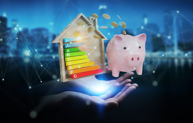 Wall Mural - businesswoman saving money with good energy chart rating 3d rendering