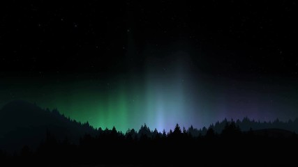 arctic bright northern light over forest landscape. realistic aurora borealis digital motion animati