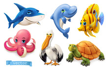 Funny Sea Animals And Fishes. 3d Vector Icon Set
