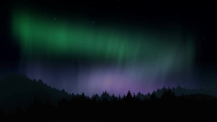 arctic bright northern light over forest landscape. realistic aurora borealis digital motion animati