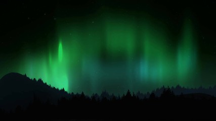 Wall Mural - Arctic bright northern light over forest landscape. Realistic aurora borealis digital motion animation.