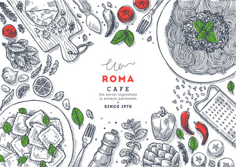 italian restaurant menu top view illustration. spagetti and ravioli table background. engraved style