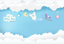 Paper Art Of Cloud With Toy Shower On Blue Sky Paper Cut Style, Baby Boy Card Illustration