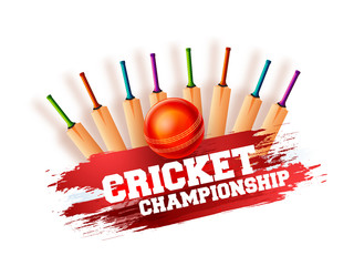 Wall Mural - Cricket championship concept with bat and ball on colorful grungy background.