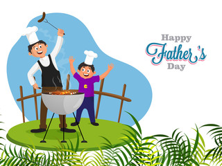Wall Mural - Chef, and father teaching his son on barbeque, Happy father and son duo on Father's Day concept.